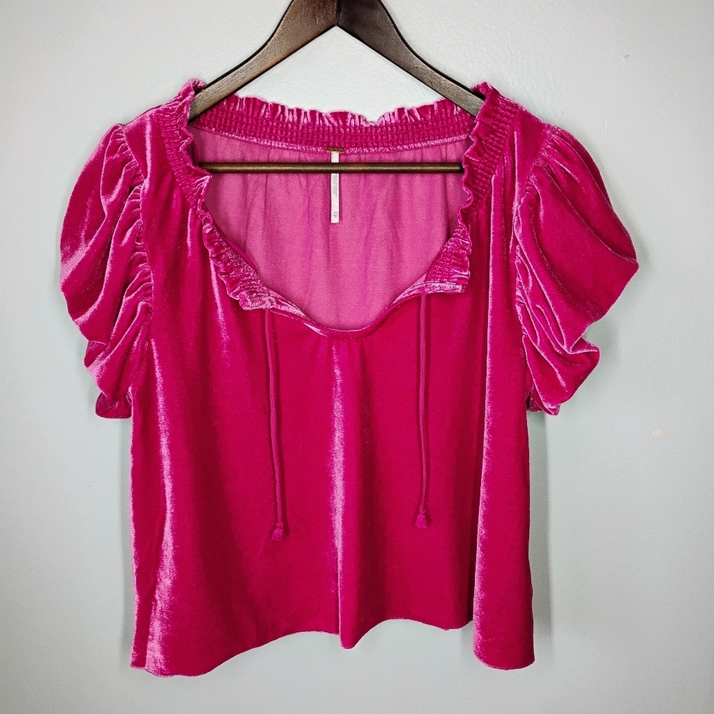 Free People Terese Velvet Top Womens XS Hot Pink Tassels Boxy Coquette Feminine - Picture 2 of 13
